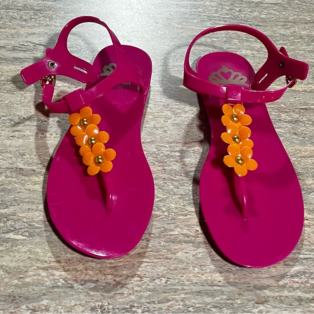 Fergilicious Pink with Orange Lilly Floral Accents & gold Studs Strapped sandals